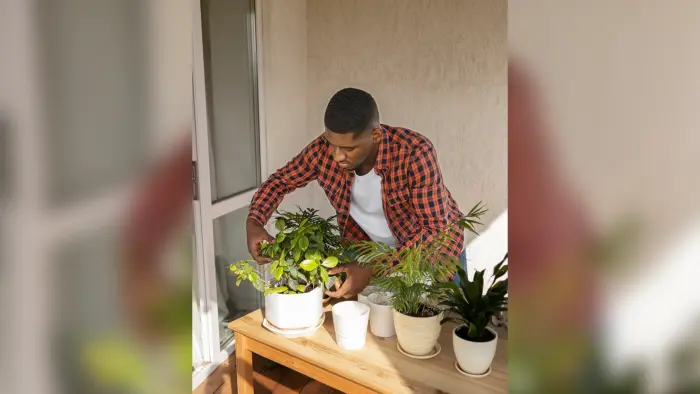 Young man caring for indoor plants