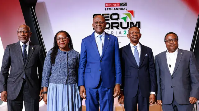 Deputy Governor, Financial System Stability (FSS), Central Bank of Nigeria (CBN), Lamido Yuguda (left); Dean, Lagos Business School (LBS), Prof. Olayinka David-West; Governor, CBN, Olayemi Cardoso; Founder/CEO, Business Day Media Limited, Frank Aigbogun and Member, Monetary Policy Committee (MPC), CBN, Dr Aloysious Ordu at the 2026 Business Day CEO Forum held at Eko Hotel, Lagos yesterday.