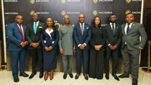 Executive Director of Treasury and Operations, Anchoria Asset Management, Jethro John (left); Managing Director, Anchoria Securities, Folagbade Adeyemi; Executive Director, Risk & Compliance, Anchoria, Perpetua Aikay-Unegbu; Chief Executive Officer of Kainos Edge Consulting and Keynote Speaker, Dr Doyin Salami; Group Managing Director, Anchoria, Sam Chidoka; Managing Director, Anchoria Asset Management, Esther Ugwu; Managing Director, Anchoria Advisory Services, Damilola Titiladunayo, and Executive Director, Anchoria Securities, Emmanuel Osho during Anchoria’s Investor Forum – The Quorum.