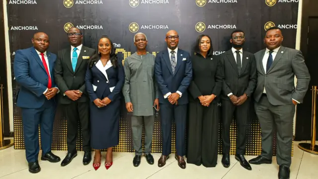 Executive Director of Treasury and Operations, Anchoria Asset Management, Jethro John (left); Managing Director, Anchoria Securities, Folagbade Adeyemi; Executive Director, Risk & Compliance, Anchoria, Perpetua Aikay-Unegbu; Chief Executive Officer of Kainos Edge Consulting and Keynote Speaker, Dr Doyin Salami; Group Managing Director, Anchoria, Sam Chidoka; Managing Director, Anchoria Asset Management, Esther Ugwu; Managing Director, Anchoria Advisory Services, Damilola Titiladunayo, and Executive Director, Anchoria Securities, Emmanuel Osho during Anchoria’s Investor Forum – The Quorum.