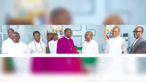 Pioneer Bishop of Lagos South West Church of Nigeria (Anglican Communion), The Rt Rev’d Ebenezer Ajayi Adewole (third left) with the Synod Committee Chairman, Kole Olatunji (third right); and others at the press conference held at the Cathedral Church of the Pentecost, Festac, Lagos
