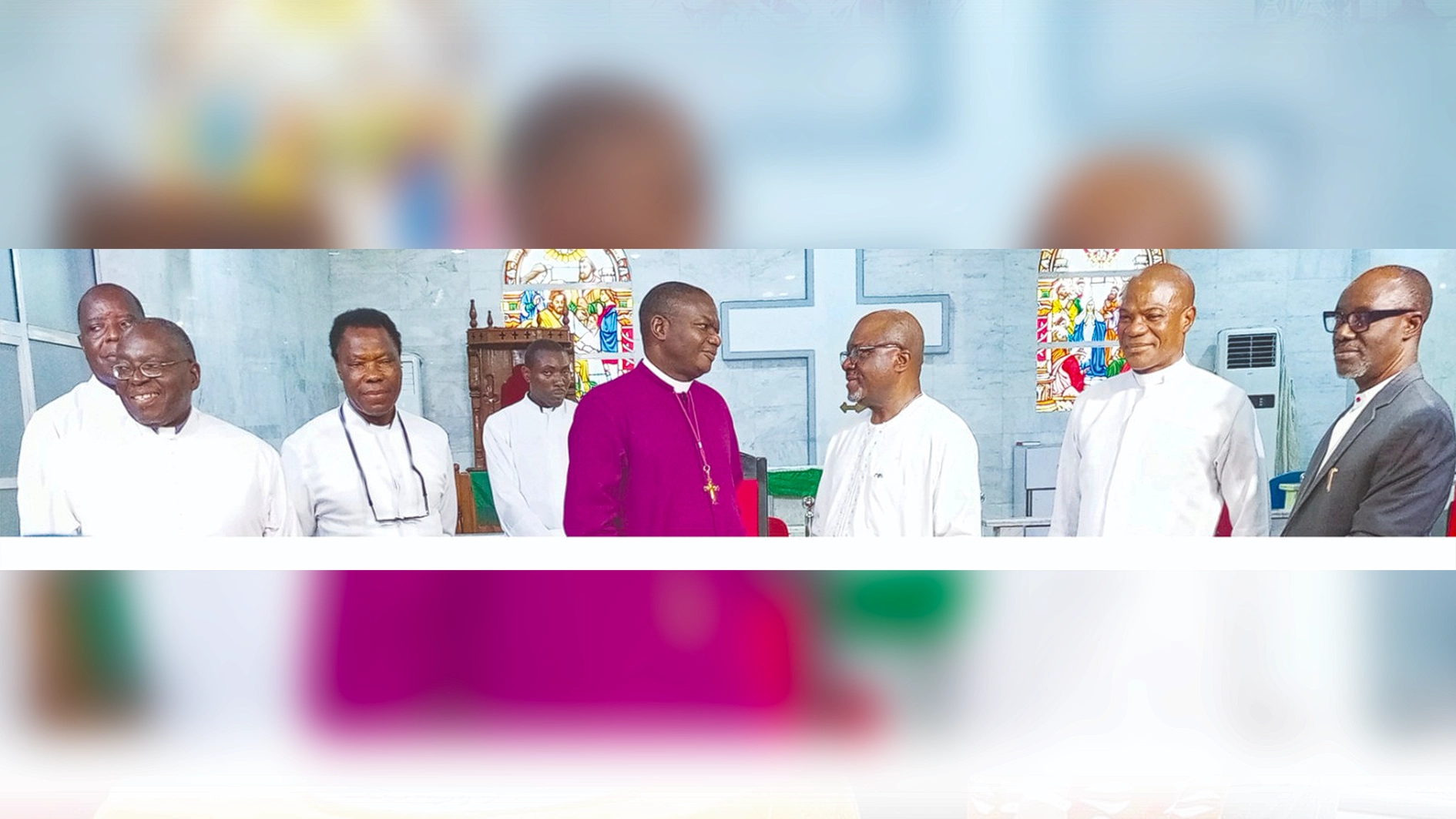 Pioneer Bishop of Lagos South West Church of Nigeria (Anglican Communion), The Rt Rev’d Ebenezer Ajayi Adewole (third left) with the Synod Committee Chairman, Kole Olatunji (third right); and others at the press conference held at the Cathedral Church of the Pentecost, Festac, Lagos