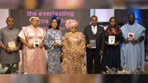 Pastor Femi Faseru (left); Pastor Ayo Megbope; Pastor Emmanuel Atta; Celebrant, Apostle Folorunsho Alakija; Pastor Eme Akenzua; Deaconess Nike Michaels and Barrister Olumide Omosebi at the 75th birthday thanksgiving and six-book presentation, held in Lagos.
