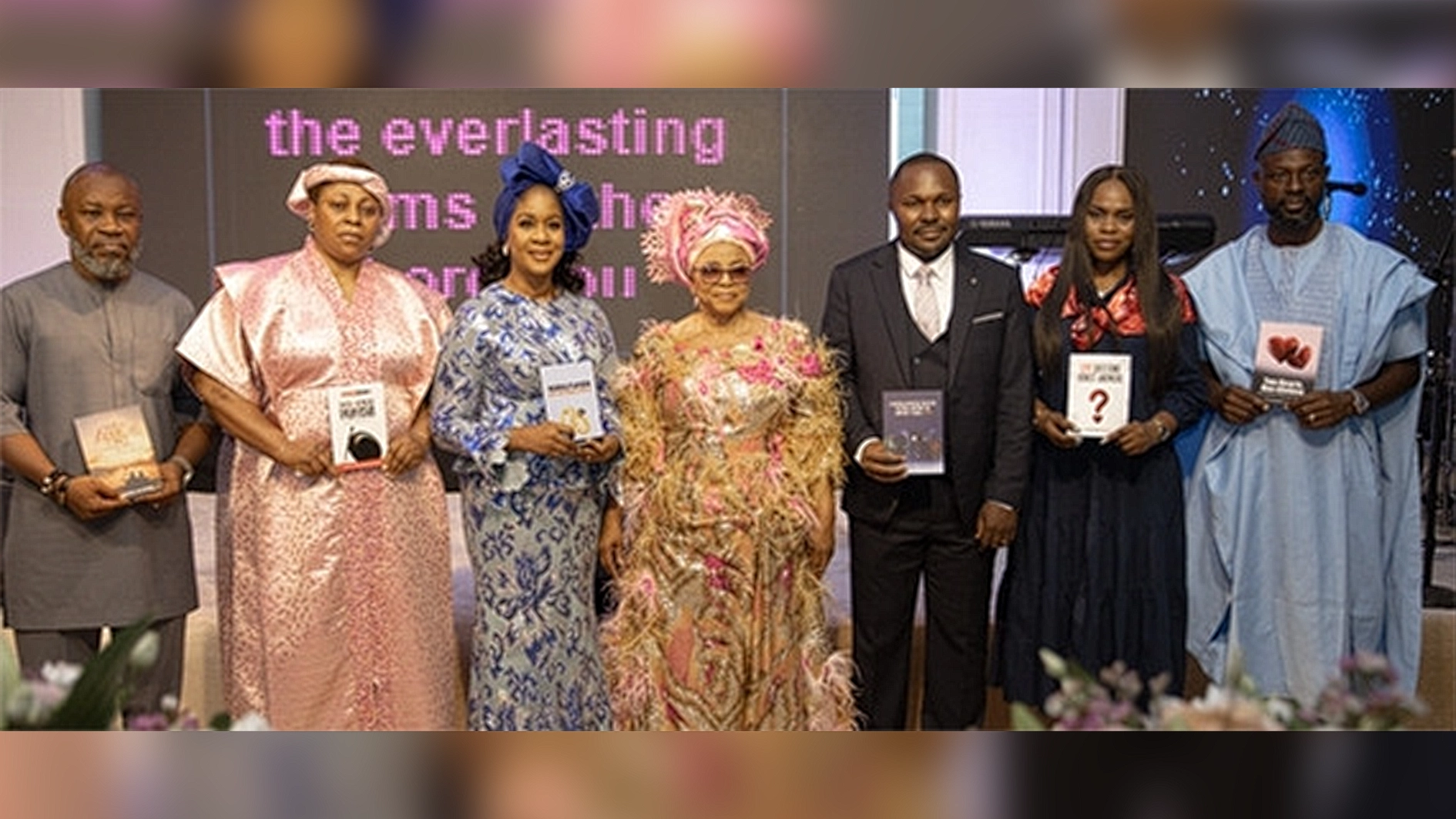 Pastor Femi Faseru (left); Pastor Ayo Megbope; Pastor Emmanuel Atta; Celebrant, Apostle Folorunsho Alakija; Pastor Eme Akenzua; Deaconess Nike Michaels and Barrister Olumide Omosebi at the 75th birthday thanksgiving and six-book presentation, held in Lagos.