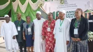 Executive Secretary/CEO NAMB; Eddy Orok (left); Guest Speaker and Lead Consultant, BAA Consult, Prof Biodun Adedipe; Director, Special Insured Institutions Department, NDIC, Mrs. Patricia Okosun; National President NAMB, Dr Adenrele Oni; representative of the Other Financial Institutions Supervision Department (OFISD) of CBN, Mrs. Mavel Ojewumi; NAMB’s outgoing National President, Abubakar Ahmad and Executive Director (Operations) NIBBS, Mrs Ngover Ihembe-Nwankwo, at the 16th AGM of NAMB held in Abuja recently.