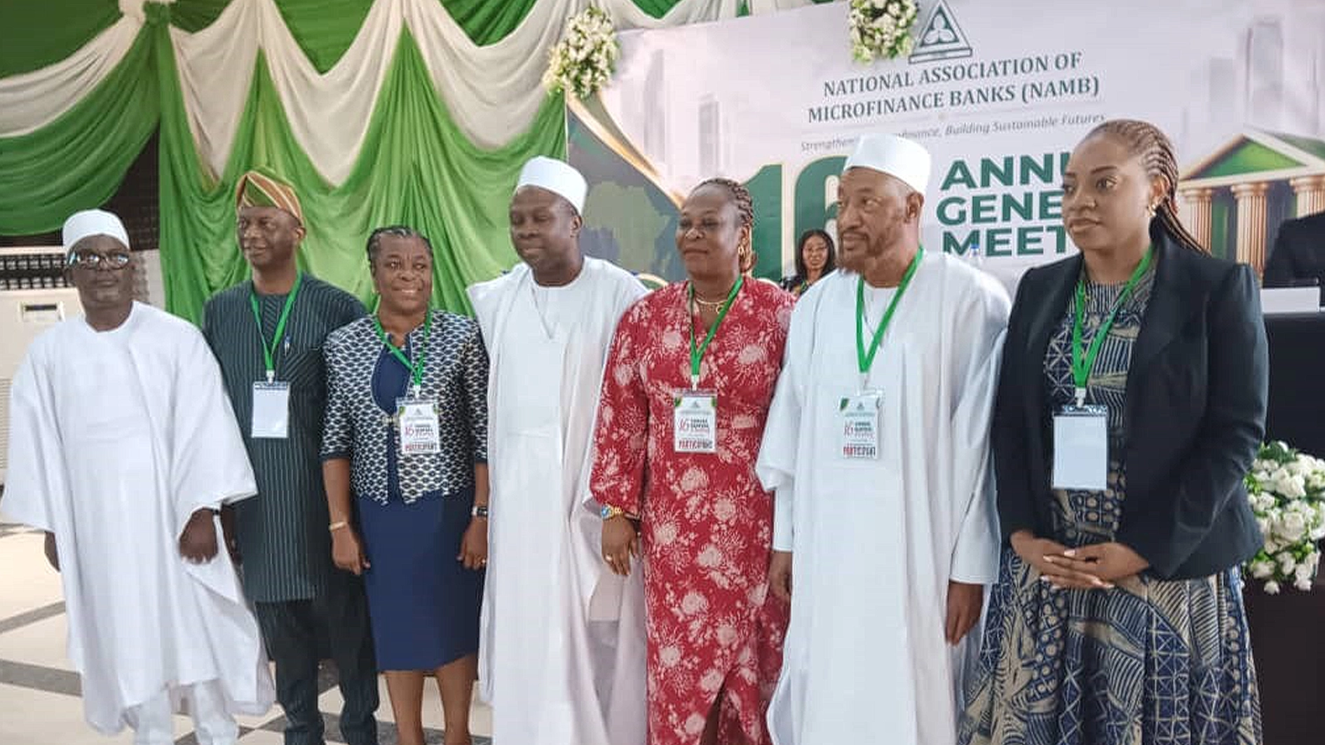 Executive Secretary/CEO NAMB; Eddy Orok (left); Guest Speaker and Lead Consultant, BAA Consult, Prof Biodun Adedipe; Director, Special Insured Institutions Department, NDIC, Mrs. Patricia Okosun; National President NAMB, Dr Adenrele Oni; representative of the Other Financial Institutions Supervision Department (OFISD) of CBN, Mrs. Mavel Ojewumi; NAMB’s outgoing National President, Abubakar Ahmad and Executive Director (Operations) NIBBS, Mrs Ngover Ihembe-Nwankwo, at the 16th AGM of NAMB held in Abuja recently.