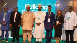 Head of Administration and Facility Management, Afriexim Bank, Dr Oluwaseun Alabi (left); President of the Green Building Council Nigeria (GBCN), Mr  Danjuma Waniko; Senior Special Assistant to the Governor of Lagos State on Urban Development, Mr Segun Williams: Representative of Architects Registration Council of Nigeria, Gbadamosi Farati; Director, Communications and Strategy, GBCN, Oluseyi Orenuga; Director, Strategy Partnerships, GBCN, Mrs Jacquiline Aki and Manager of Properties, Nigerian Content Development and Monitoring Board (NCDMB), Taridoye Gagariga during the Future Cities Summit in Lagos.