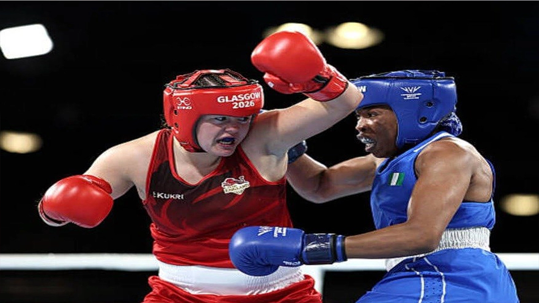 Team Nigeria’s Patricia Mbata (right) lost  in the quarterfinal of the women’s 75kg boxing event to England’s Mary Kate Smith.