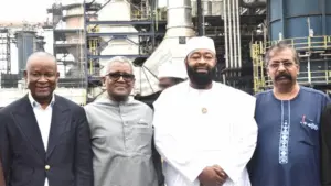 Minister of State for Industry, John Owan Enoh (left); President/Chief Executive, Dangote Industries Limited, Aliko Dangote; Niger State Governor, Mohammed Umar Bago, and Group Vice President, Oil & Gas, Dangote Industries Limited, Devakumar Edwin, during a visit to Dangote Petroleum Refinery and Petrochemicals and Fertiliser Plant in Ibeju-Lekki, Lagos, yesterday.