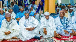 Senator Aliyu Wamakko (left); Sokoto State Governor,  Ahmed Aliyu; Alhaji Chuso Abdullahi Dattijo; and Prof. Waziri Wali Junaidu during Jumu’at prayer inside the newly renovated mosque.