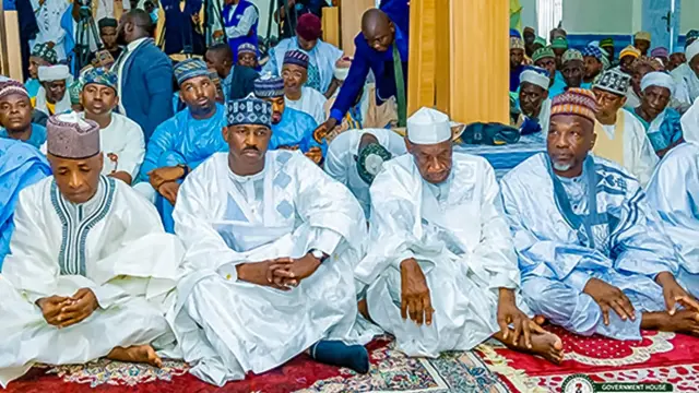 Senator Aliyu Wamakko (left); Sokoto State Governor,  Ahmed Aliyu; Alhaji Chuso Abdullahi Dattijo; and Prof. Waziri Wali Junaidu during Jumu’at prayer inside the newly renovated mosque.