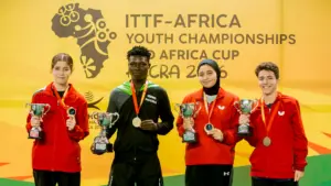 Mathew Kuti (second left) with the other winners at the Accra 2026 ITTF Africa Youth Cup yesterday.