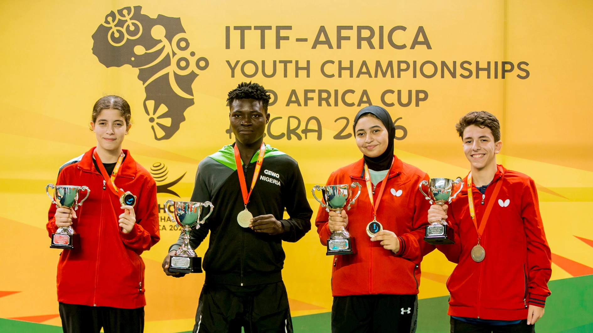 Mathew Kuti (second left) with the other winners at the Accra 2026 ITTF Africa Youth Cup yesterday.