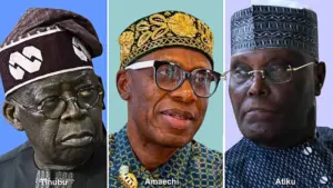 A composite picture of President Bola Ahmed Tinubu, Rotimi Amaechi and Atiku Abubakar