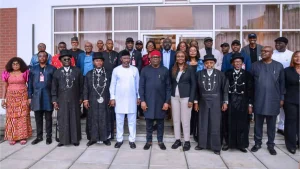 Governor of Rivers State, His Excellency Sir Siminalayi Fubara ( middle); Minister of State,Petroleum Resources,Gas, Hon Ekperikpe Ekpo (left) and the CEO, Nigerian Upstream Petroleum Regulatory Commission, Mrs Oritsemeyiwa Eyesan (right) at the end of the meeting in Port Harcourt on Wednesday