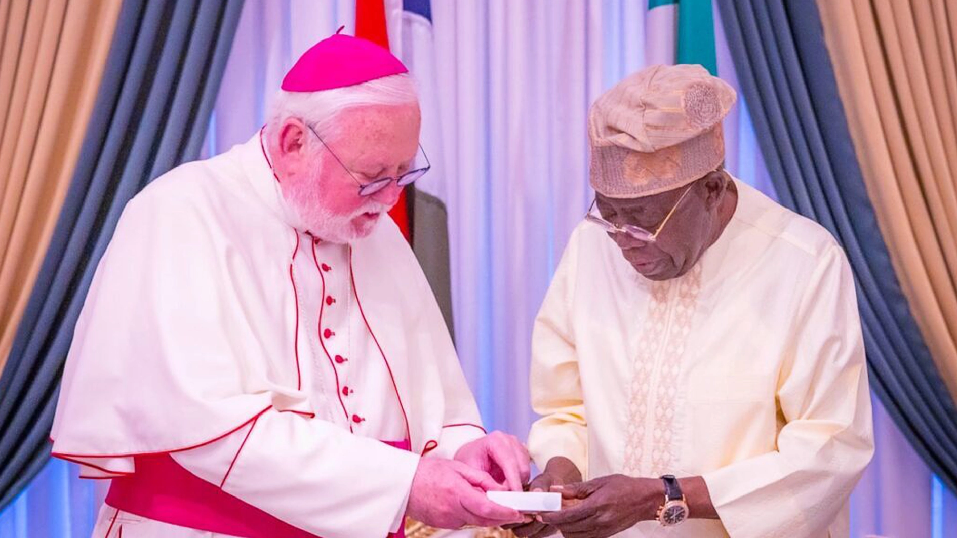 Tinubu while receiving the Secretary for Relations with States and International Organisations of the Holy See, Archbishop Paul R. Gallagher