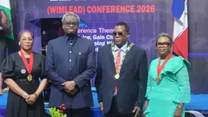 Registrar/Chief Executive, Nigerian Institute of Management (Chartered), Dr Taiwo Olusesi (left); Group Managing Director, Sahara Power Group and Guest Speaker, Dr Kola Adesina; President and Chairman of Council, NIM, Commodore Abimbola Ayuba (rtd) and National Treasurer, MIM, Clara Okere, at the 2026 Women in Management and Leadership (WIMLEAD) conference of the institute in Lagos.