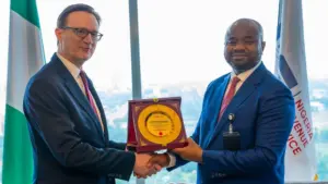 Outgoing British High Commission to Nigeria, Richard Montgomery (left), and Executive Chairman, Nigeria Revenue Service (NRS), Dr Zacch Adedeji, during Montgomery’s farewell visit to Adedeji at the NRS new headquarters in Abuja, yesterday.
