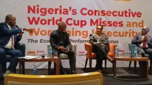 Boason Omofaye program anchor, Amaju Pinnick, Evelyn Chinwe Egwim and Johnson Chukwu, GMD Cowry Securities at the panel session