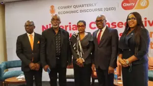Boason Omofaye program anchor, Amaju Pinnick, Evelyn Chinwe Egwim and Johnson Chukwu, GMD Cowry Securities at the panel session