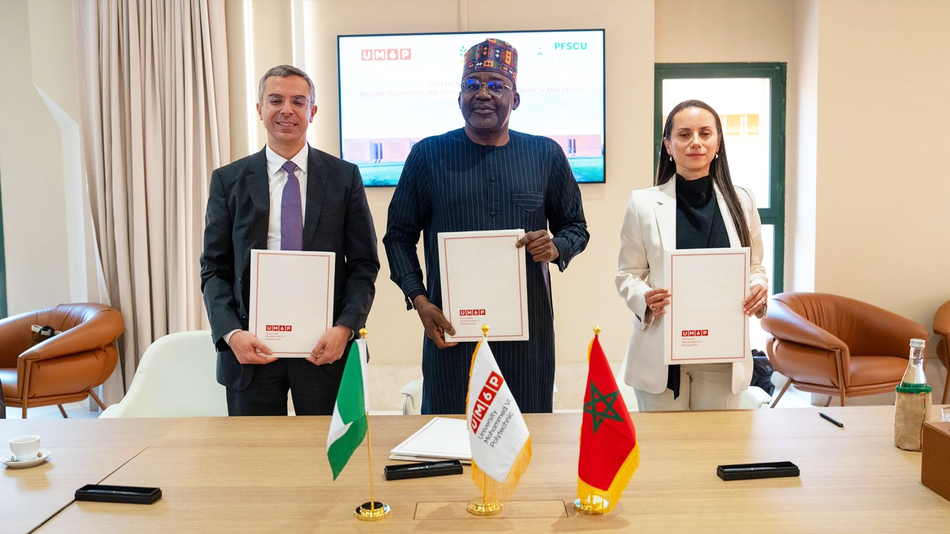 From Left: Chief Executive Officer of Ground Truth Analytics, Driss Kitane, Deputy Chief of Staff to the President (in the Office of the Vice President), Senator Ibrahim Hadejia and Chief Executive Officer of OCP Africa, Alafifi Laadel, at the signing of the Memorandum of Understanding on National Agro-Productivity System between the PFSCU, OCP Africa and Ground Truth Analytics at the Mohammed VI Polytechnic University in Ben Guerir, Morocco, on Friday.