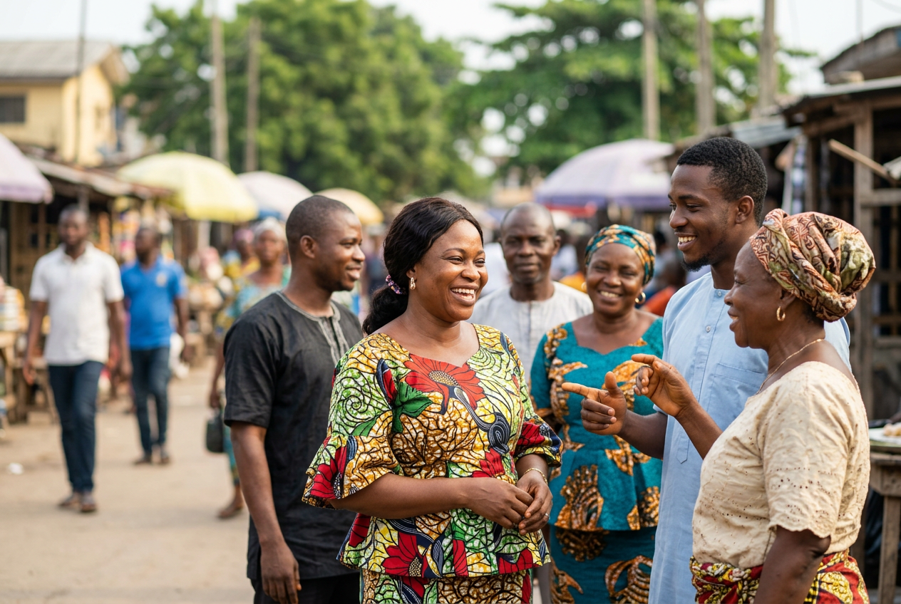Residents enjoying friendly conversation in a Nigerian marketplace, reflecting social connections, community wellbeing, and discussions about Nigeria's happiness ranking in Africa and globally.