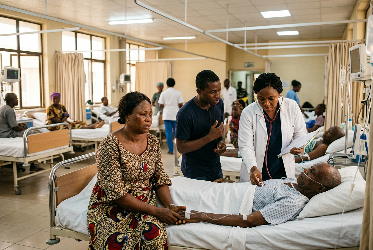 Doctor examining a patient in a Nigerian hospital ward as family members look on, representing healthcare efforts to reduce the top causes of death in Nigeria and improve survival outcomes.