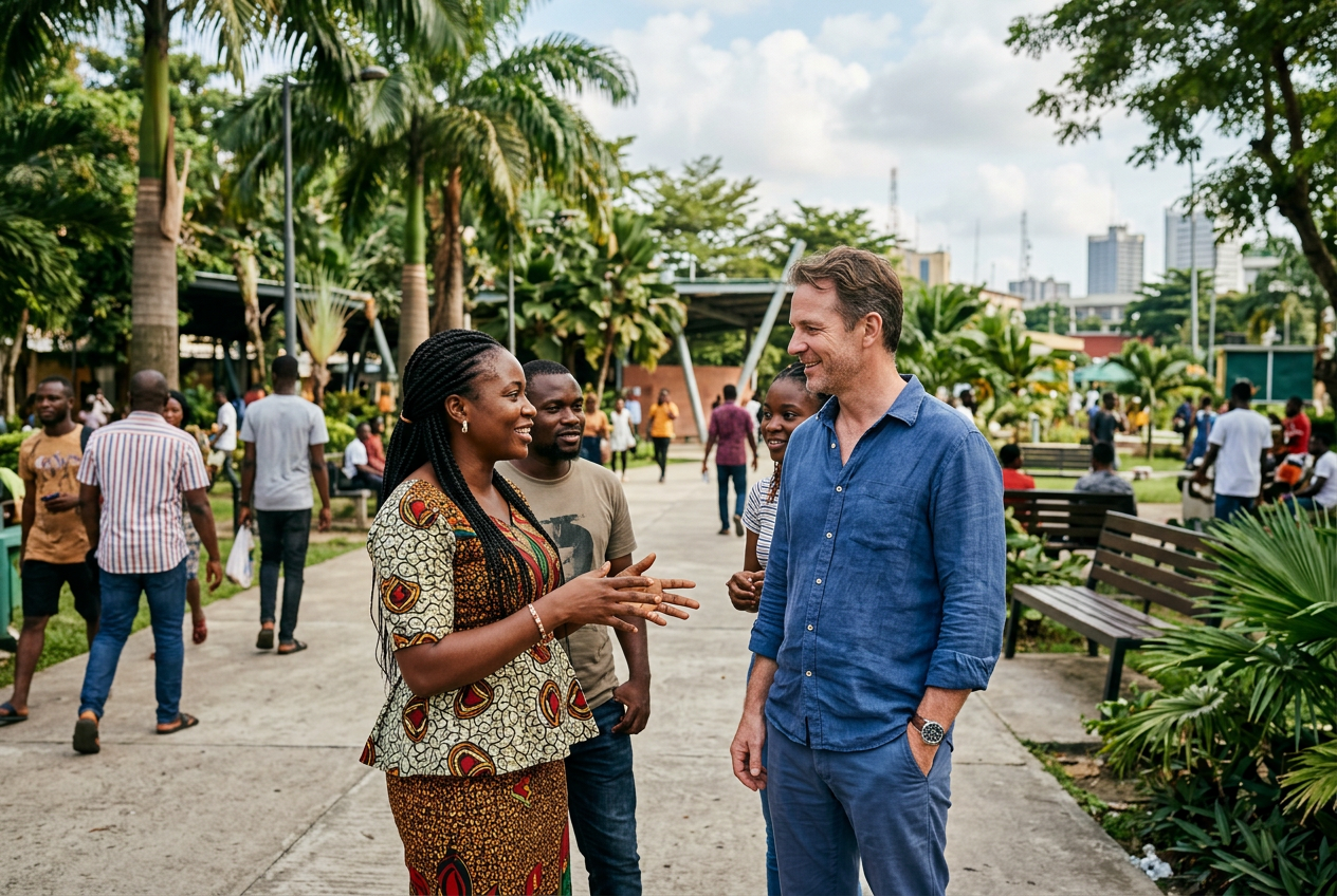 Foreigner meeting and socializing with Nigerians in a public park, representing life for expatriates in Nigeria, cultural integration, residency, and living in Nigeria as a foreigner.