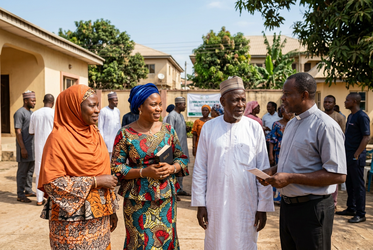 Christian and Muslim community leaders meeting in Nigeria, representing religious freedom protected by the Nigerian Constitution, interfaith dialogue, and constitutional rights under Sections 37 and 42.