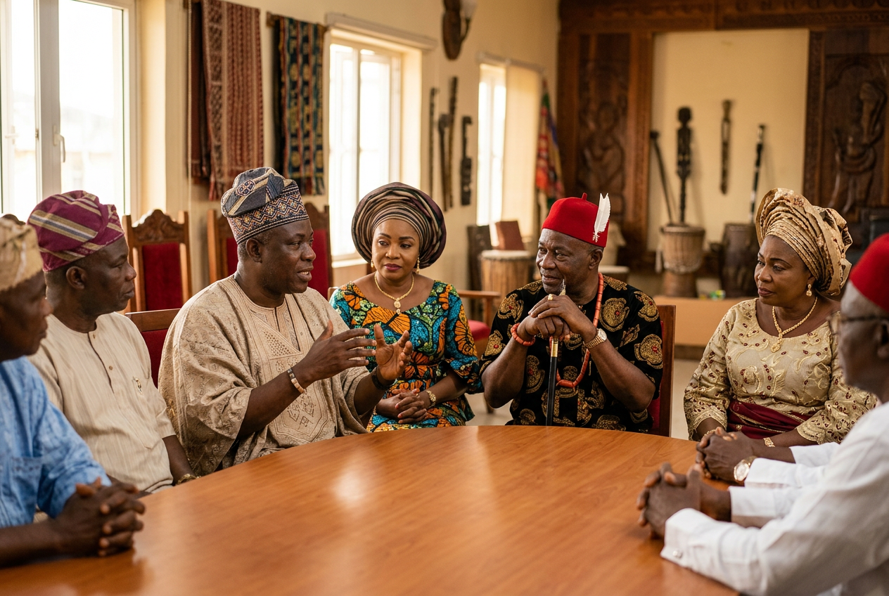 Nigerian traditional leaders and community elders discussing cultural heritage and prosperity, reflecting the debate over whether the Igbo or Yoruba are richer and the economic influence of Nigeria's leading cultures.