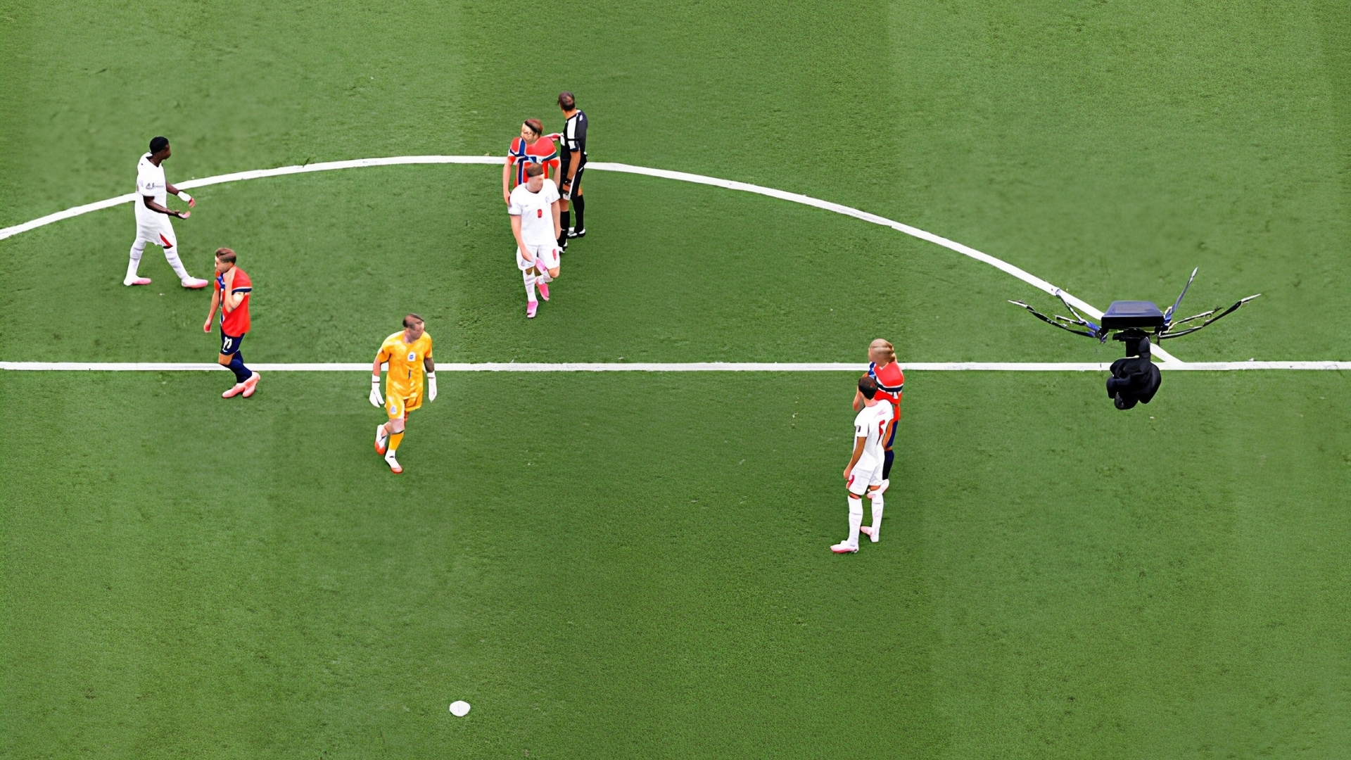 Broadcast camera equipment is positioned above a World Cup stadium pitch.