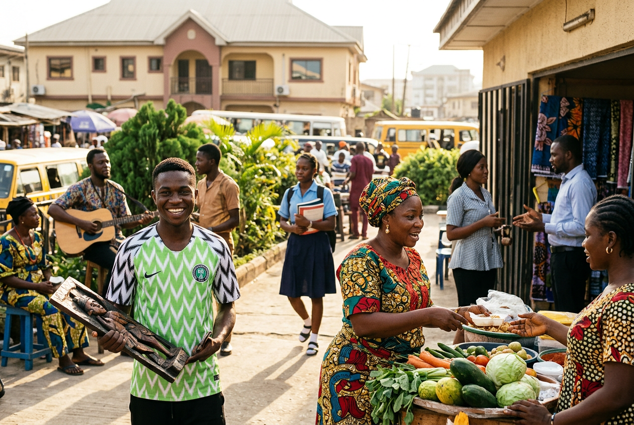 Nigerian street market featuring local food vendors, traditional crafts, music, and everyday life, showcasing what Nigeria is special for and what Nigerians are famous for.