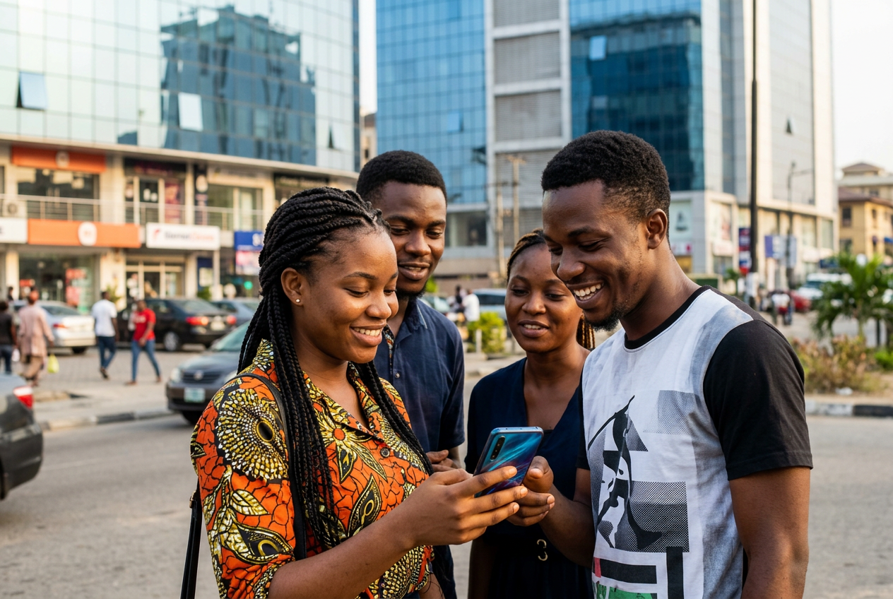 Young people exploring a vibrant Nigerian city, showcasing what attracts people to Nigeria through its modern lifestyle, friendly communities, cultural attractions, and growing urban destinations.