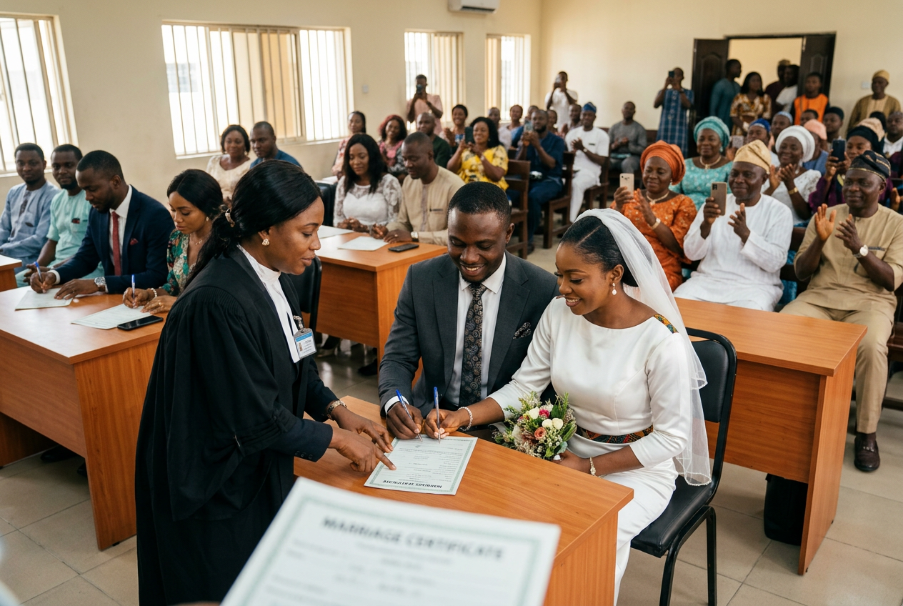 Bride and groom signing a marriage certificate during a Nigerian civil wedding ceremony, illustrating what it means to be legally married in Nigeria and the legal marriage registration process.