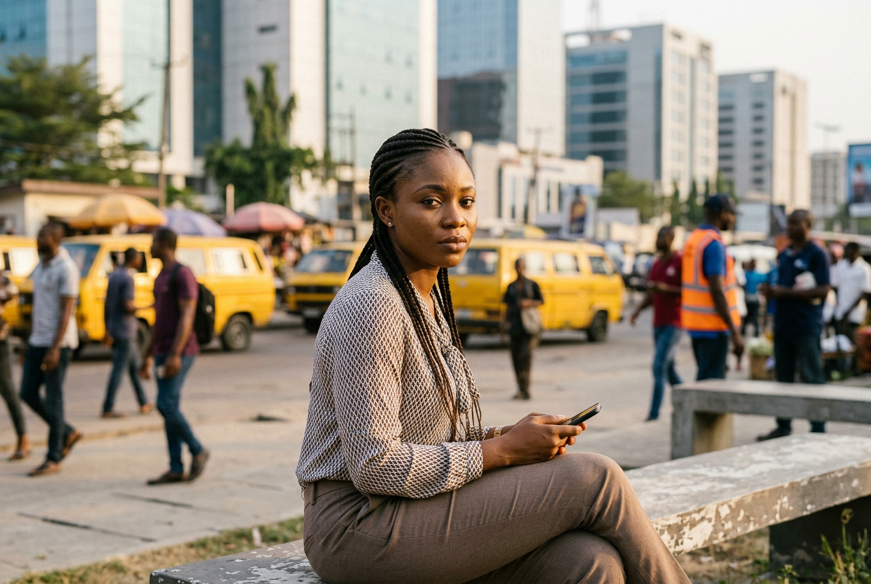 Professional woman in a Nigerian business district representing income levels and career success, illustrating what is a rich salary in Nigeria and what is considered a very good salary in the country.