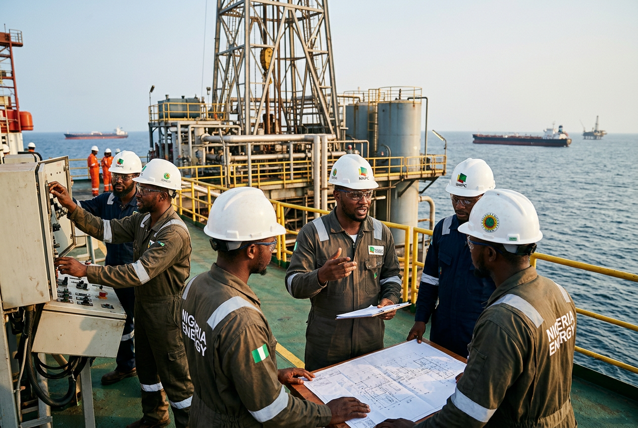 Engineers working on a Nigerian offshore oil platform, highlighting the oil and gas sector, Nigeria's biggest industry and one of the country's largest sources of income.