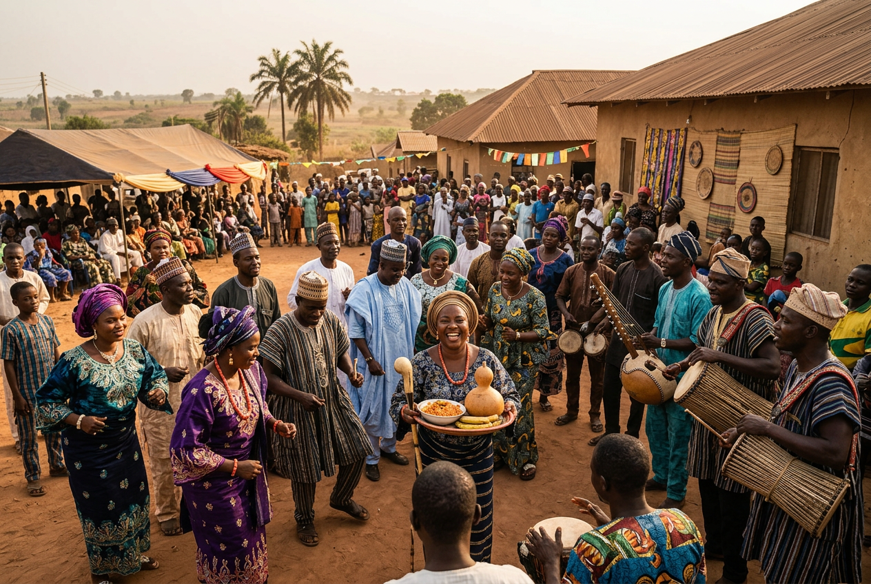 Traditional community celebration showcasing the main culture in Nigeria with music, dance, local cuisine, and cultural attire representing Nigeria's diverse heritage.