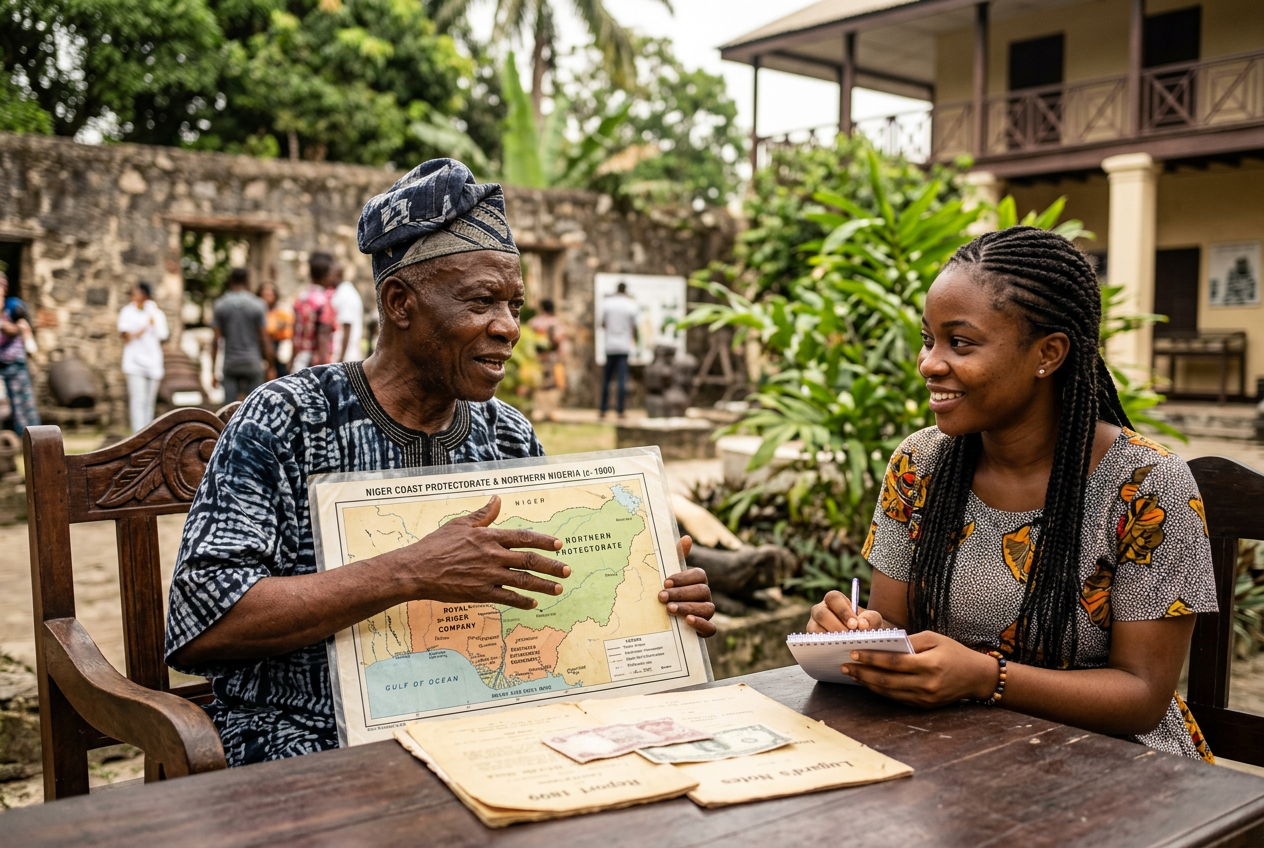 Historian explaining what Nigeria was called before colonial unification using an old map, exploring the country's original name and history before modern Nigeria.