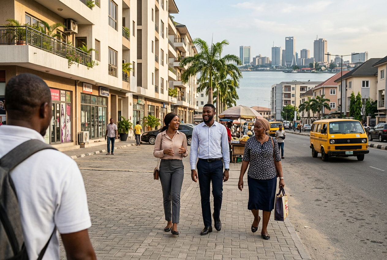 Professionals walking through a modern Nigerian neighborhood near the waterfront, representing one of the best places to live in Nigeria for career opportunities, safety, and quality of life.