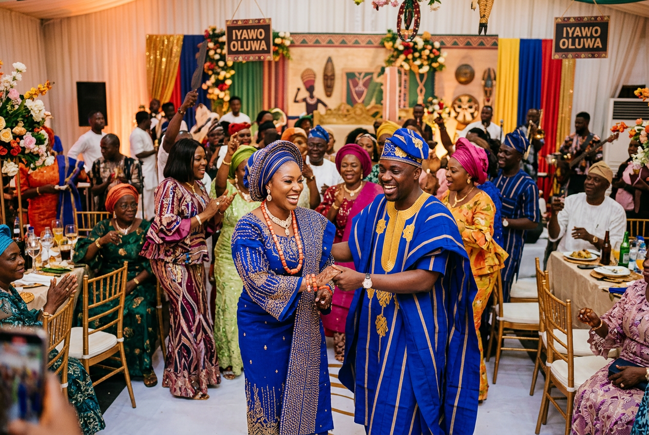 Newlyweds dancing during a vibrant Yoruba traditional wedding ceremony in Nigeria, highlighting Nigerian marriage practices, cultural wedding traditions, family celebrations, and customary marriage rites.