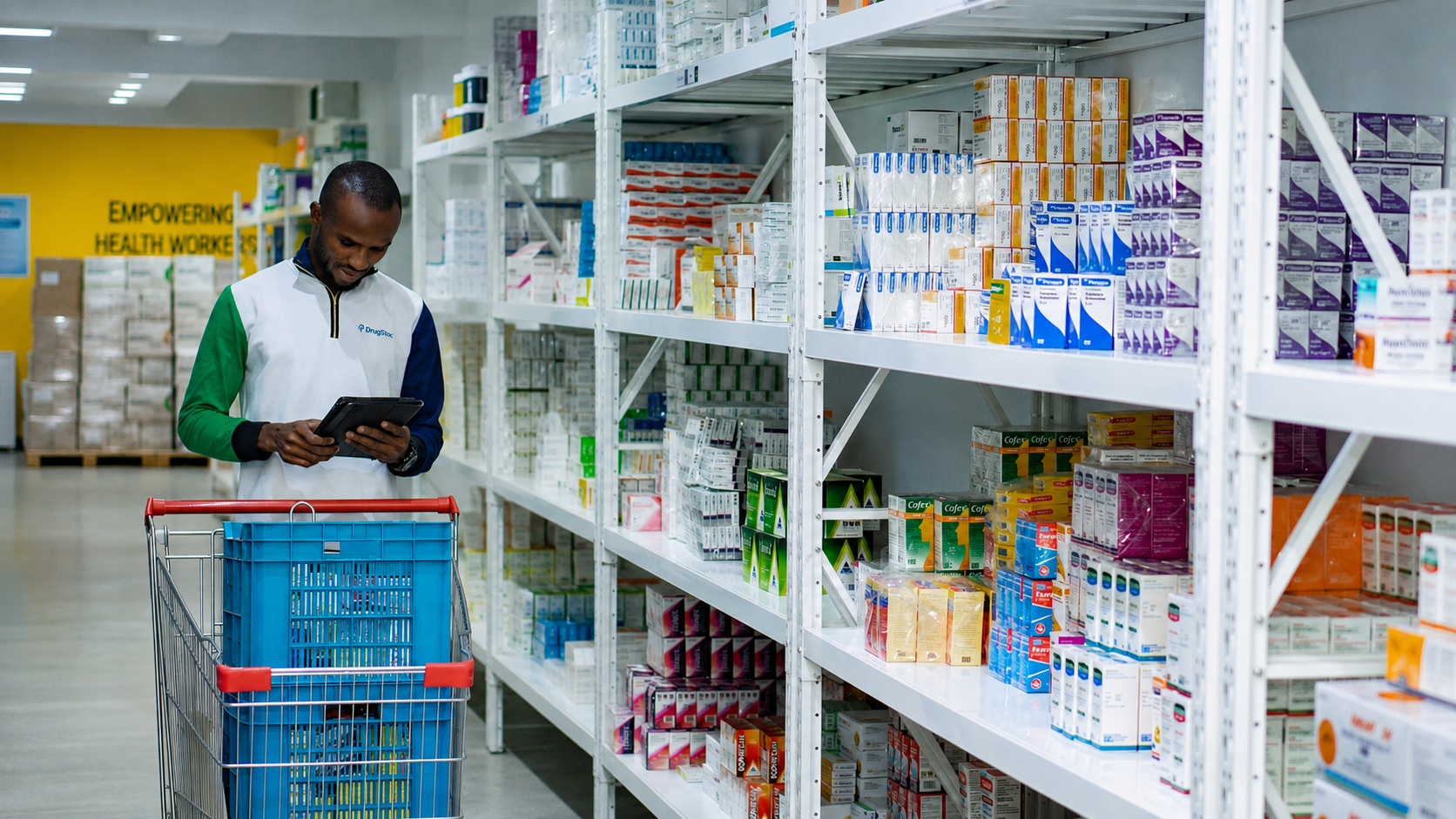 A DrugStoc employee checks medicine inventory at one of the company’s pharmaceutical distribution facilities.