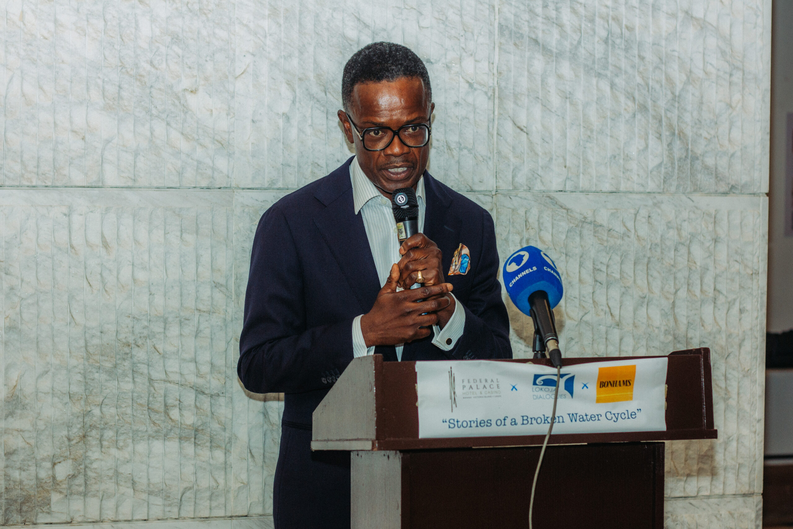 Chairman of the Board of Trustees of Lokoja Dialogues, Olu Adeosun, addressing guests during Stories of a Broken Water Cycle at the Federal Palace Hotel, Victoria Island, Lagos.