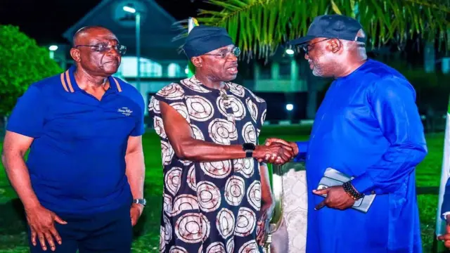 (L-R) Special Adviser to the President on Information and Strategy, Bayo Onanuga; Benue State Governor, Hyacinth Alia and Senior Special Assistant to the President on Media and Special Duties, Tunde Rahman