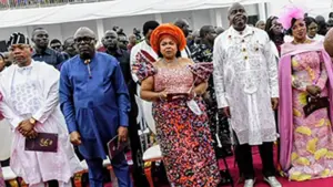 Kogi State Governor, Ahmed Ododo (left), his Rivers counterpart, Siminalayi Fubara; wife of the former President, Dame Patience Jonathan; Bayelsa State Governor,  Douye Diri, and his wife, Dr Gloria, during the wedding of Governor Diri’s daughter, Stephanie and  Ballad Agbeyei, at the Royal House of Grace Church, Yenagoa, yesterday.