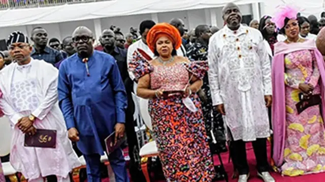 Kogi State Governor, Ahmed Ododo (left), his Rivers counterpart, Siminalayi Fubara; wife of the former President, Dame Patience Jonathan; Bayelsa State Governor,  Douye Diri, and his wife, Dr Gloria, during the wedding of Governor Diri’s daughter, Stephanie and  Ballad Agbeyei, at the Royal House of Grace Church, Yenagoa, yesterday.