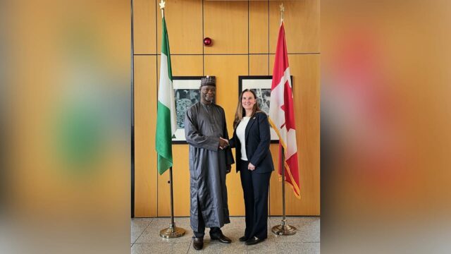 Mr. Mohammed Ahmed Tijjani on behalf of the the Minister Festus Keyamo and the Canadian Chief Air Negotiator for Global Affairs, Ms. Shendra Melia, at the High Commission of Canada in Abuja.