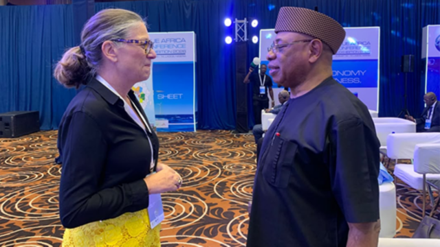 Danish Consul General to Nigeria and Head of Economic Diplomacy, Jette Bjerrum (left), in discussion with the Secretary General, Maritime Organisation of West and Central Africa (MOWCA), Dr Paul Adalikwu, on the sidelines of the maiden Blue Africa Conference and Exhibition 2026 in Lagos.