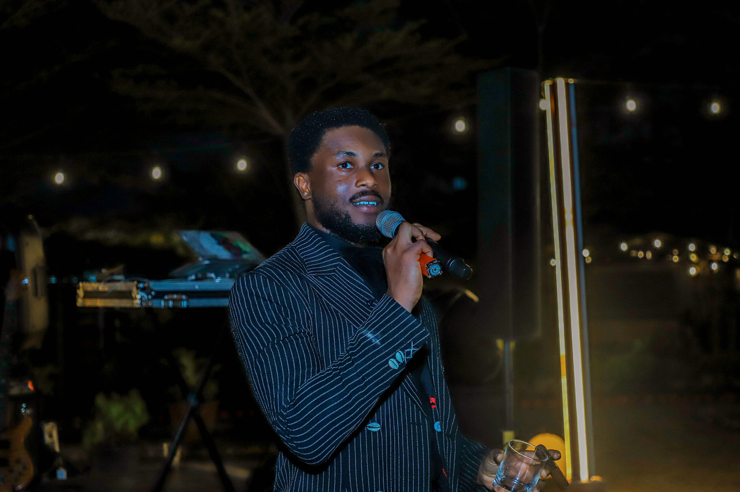 Co-founder of Patria by Longmen, Elvis Sampson-Achonu, delivers his speech during the brand’s black-tie launch at Alina’s Garden, Lekki, Lagos. Photo: Kessiena Victory and Oluwadamilola Oloyede