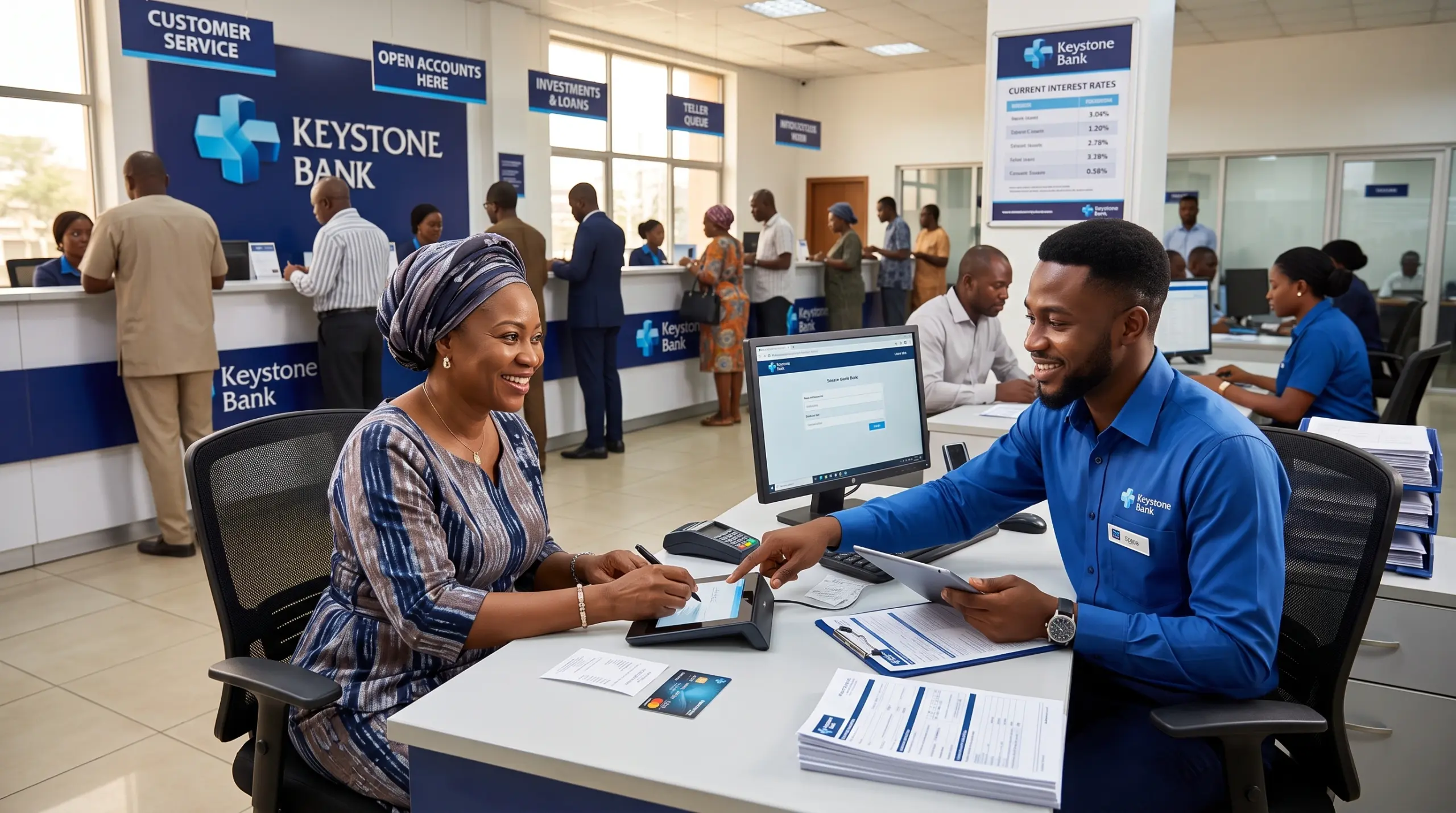 Customer receiving financial services at a Keystone Bank branch