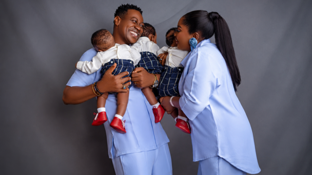 Lateef Adedimeji and his wife, Mo Bimpe with their triplet sons